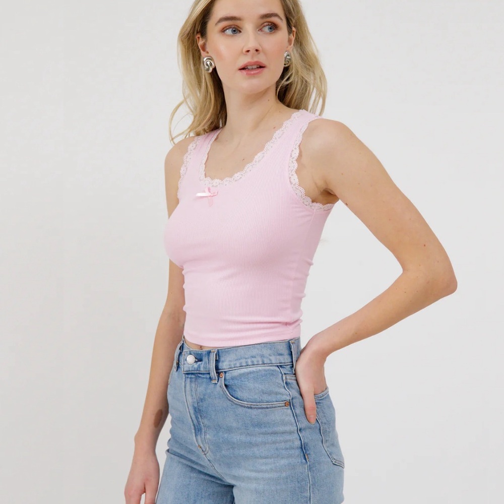 Brunette the Label Pink Lace Trim Tank Top